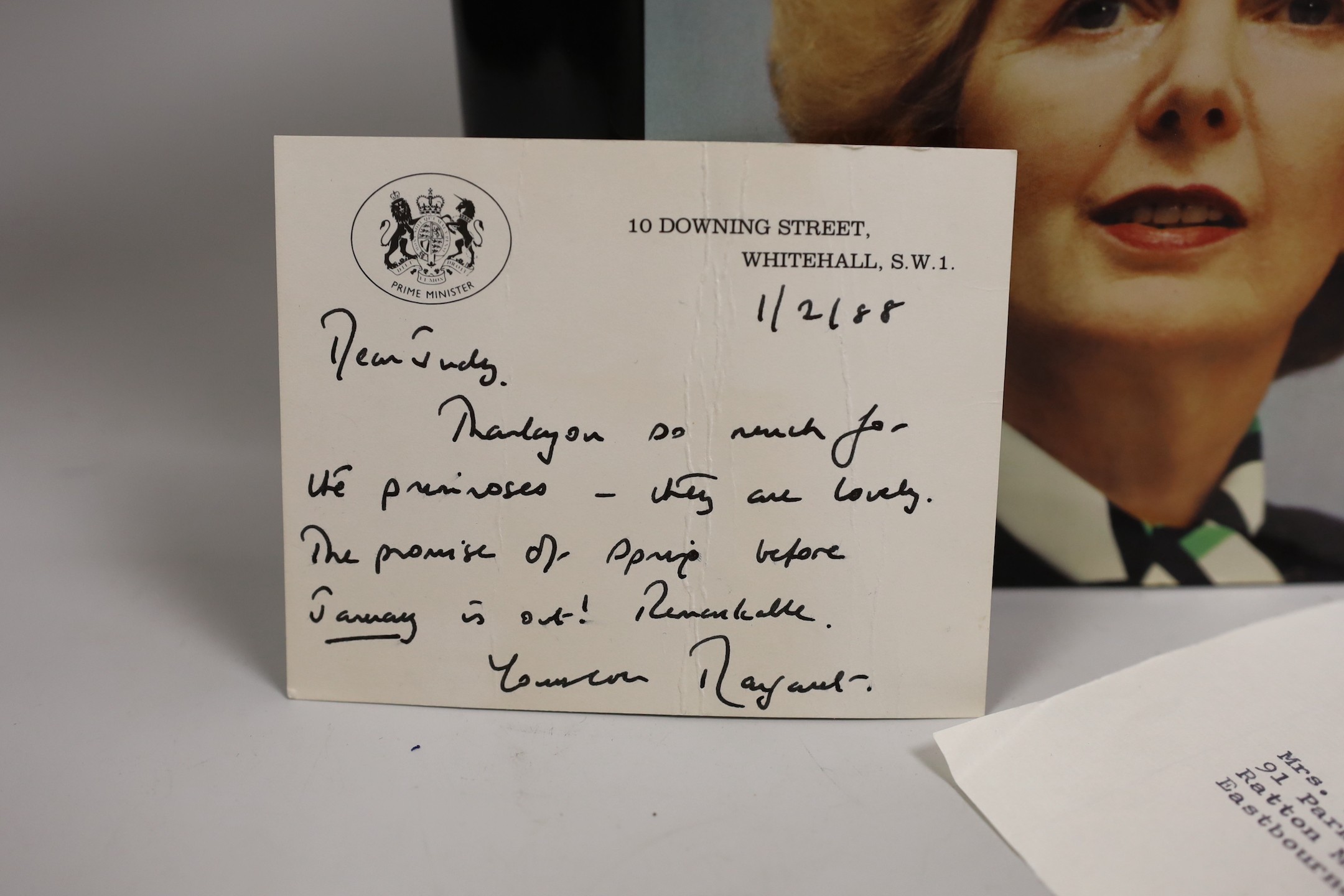 British Politics - Margaret Thatcher inscribed card to 'Judy', signed book and a letter from Ian Gow, 7th Jan 1982 on 10 Downing Street headed paper